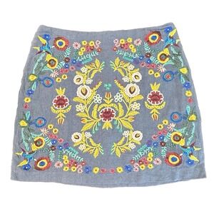 Altar'd State Linen Blend Embroidered Mini Skirt S Blue Floral Lined Artsy Boho